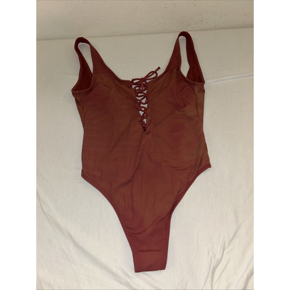 Xhiliration Medium Lace Up Neckline Scoop Back Distressed One Piece Bathing Suit